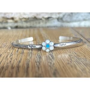 Vintage Zuni Sterling Silver Turquoise Mother of Pearl Flower Cuff Bracelet